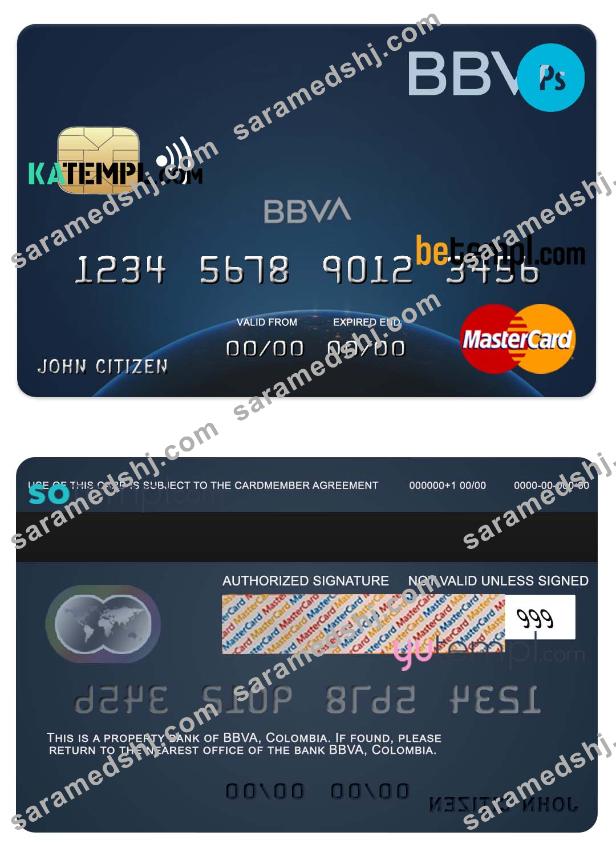 Colombia BBVA bank mastercard credit card template in PSD format, fully editable